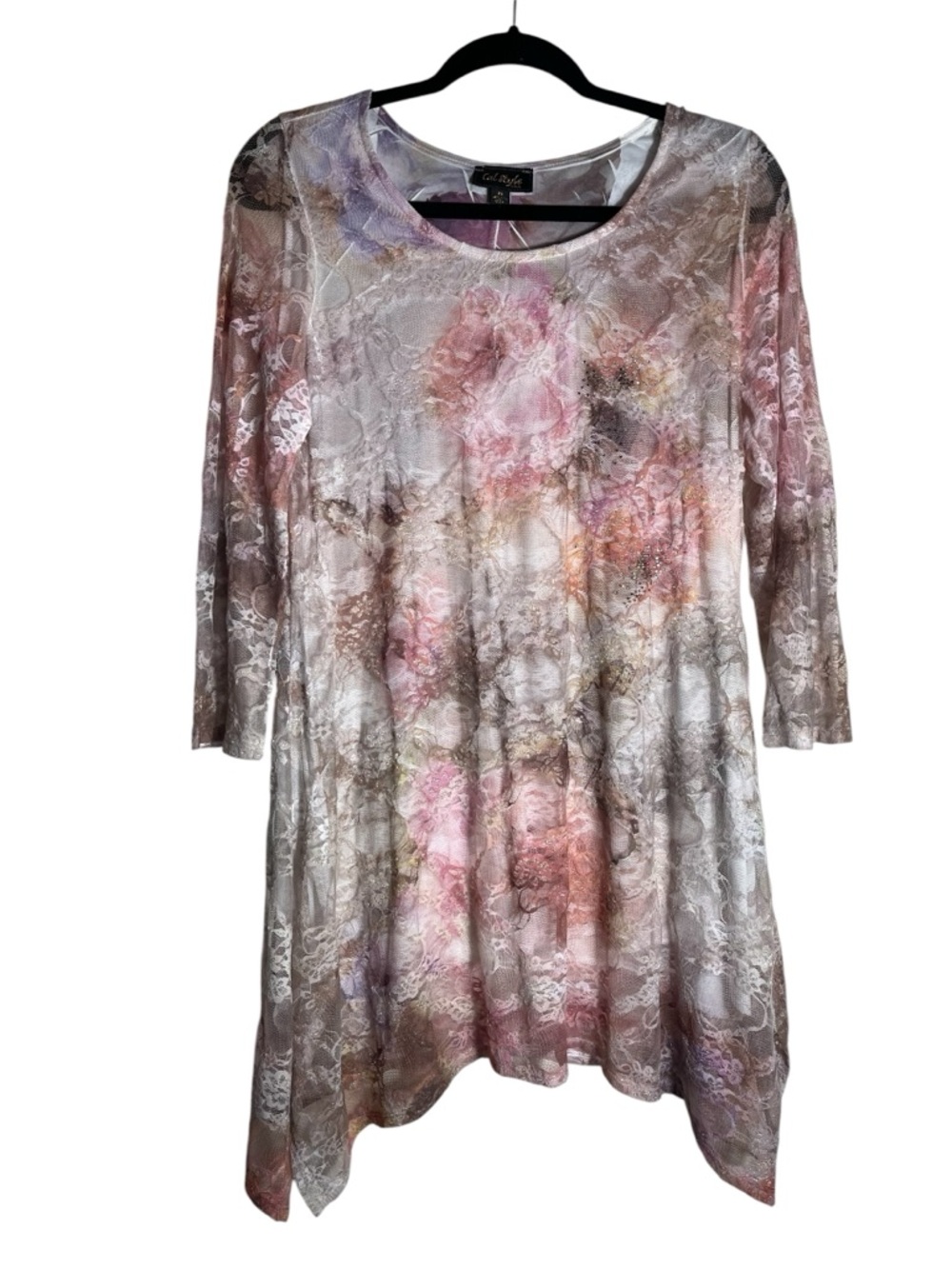 Lace-Overlay Asymmetrical Tunic Dress - Pink Brown
